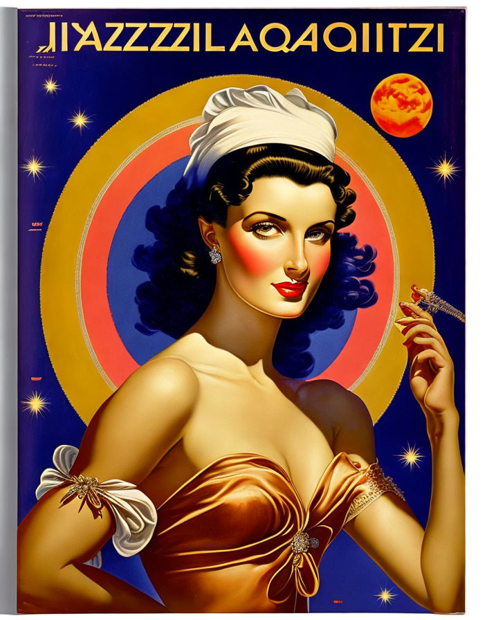 Vintage Style Poster with Glamorous Woman in White Headscarf and Golden Dress Holding Cigarette
