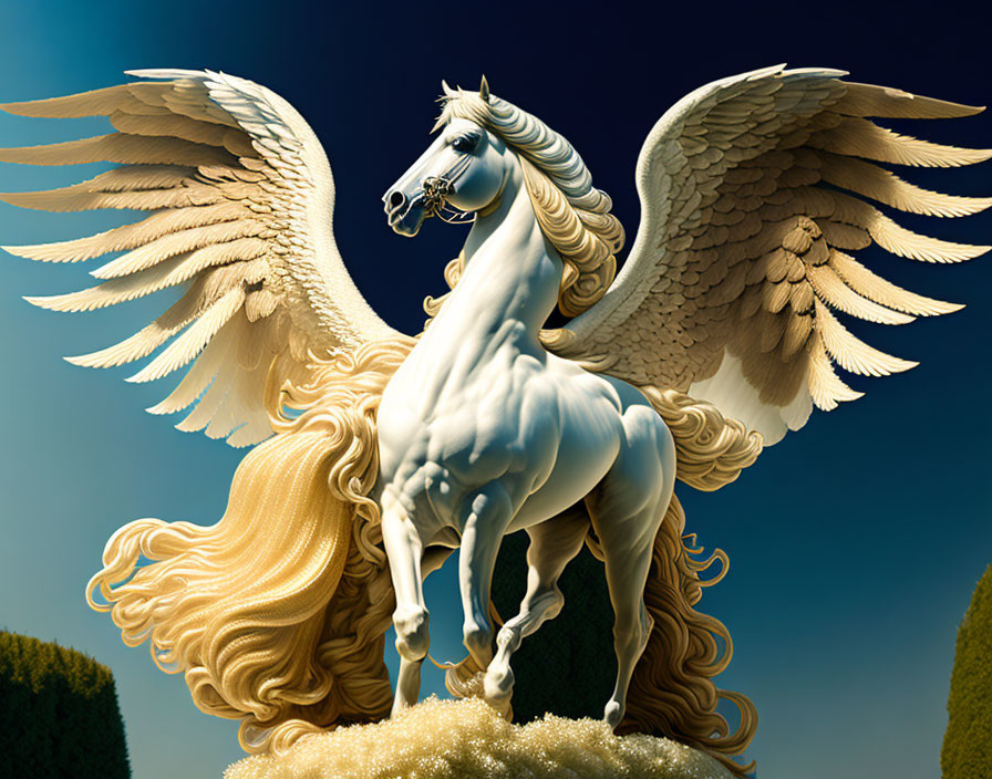 White Pegasus with spread wings on cloud base in blue sky