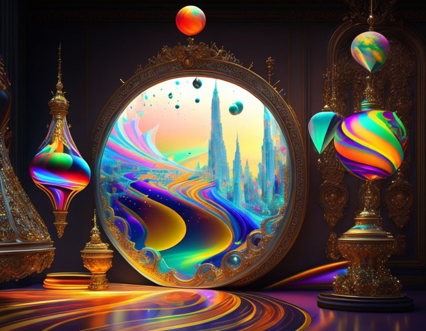 Surrealist artwork with cosmic landscape and vibrant colors