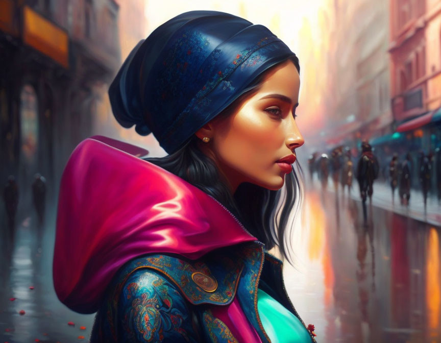 Digital artwork of woman in blue headscarf & pink cloak against city street.