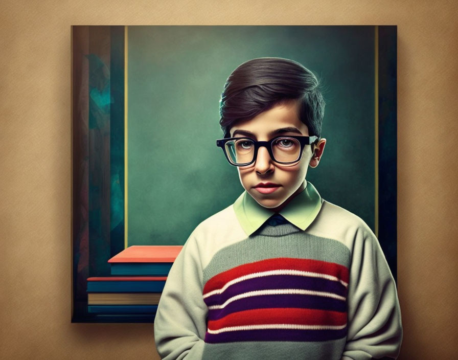 Young boy with glasses in striped sweater and collared shirt, surrounded by books and framed picture