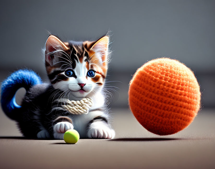 Adorable kitten with unique markings near tennis ball and knitted toy