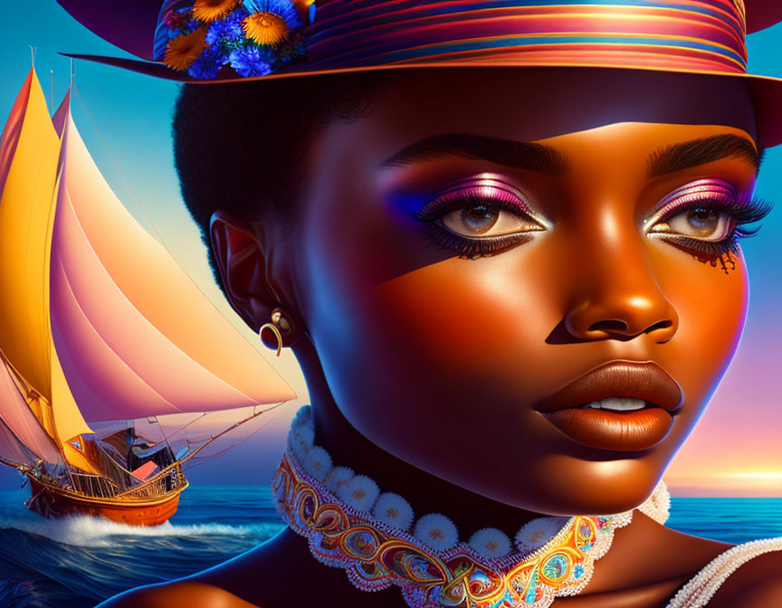 Colorful digital portrait of woman in African attire with bold makeup, orange sailboat, blue ocean.