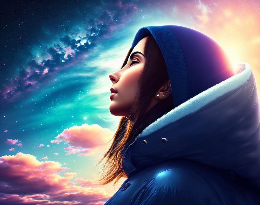 Profile of woman in hooded jacket against twilight sky.