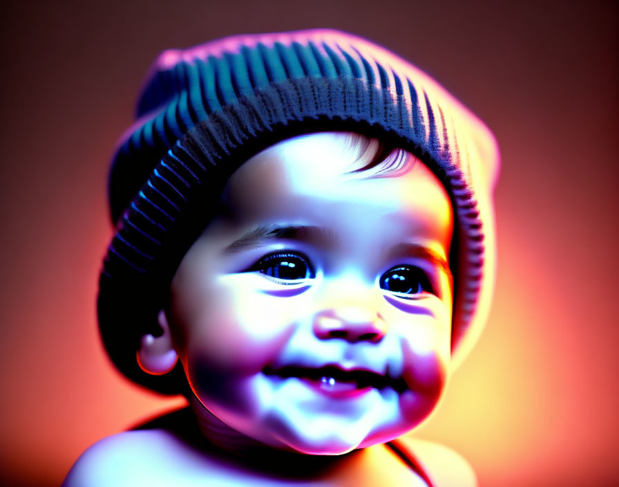 Digitally altered image of smiling baby in beanie with exaggerated features