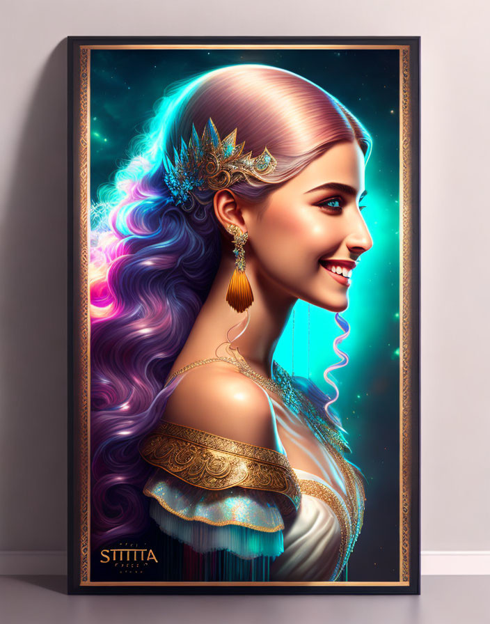 Profile portrait of woman with multicolored hair and golden headdress against cosmic background in framed image.