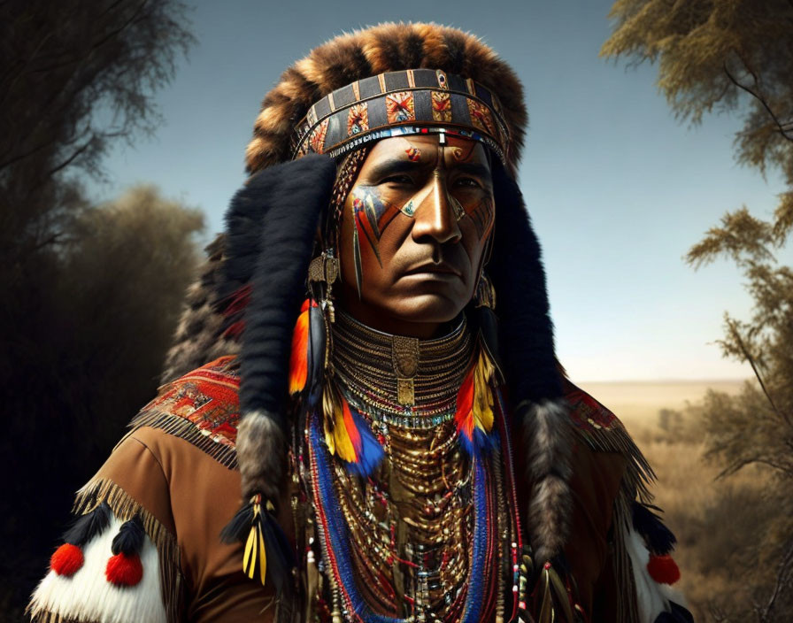 Portrait of a person in Native American attire with feathered headdress and traditional face paint against natural backdrop