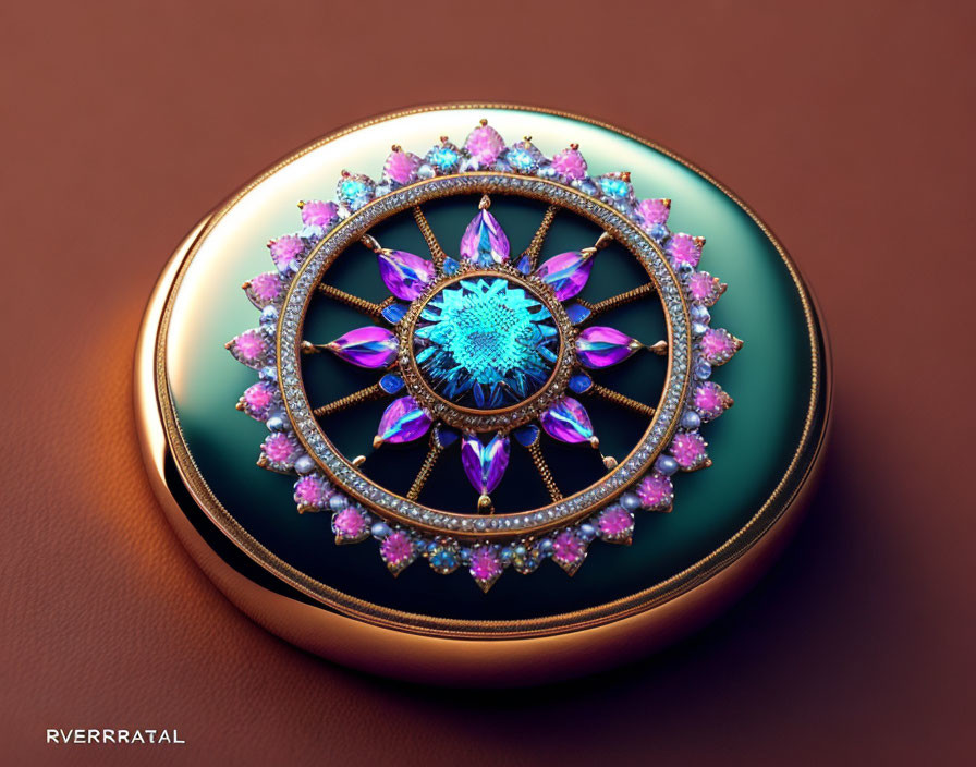 Circular Blue Gem Jewelry Piece with Gold and Pink Accents on Teal Background