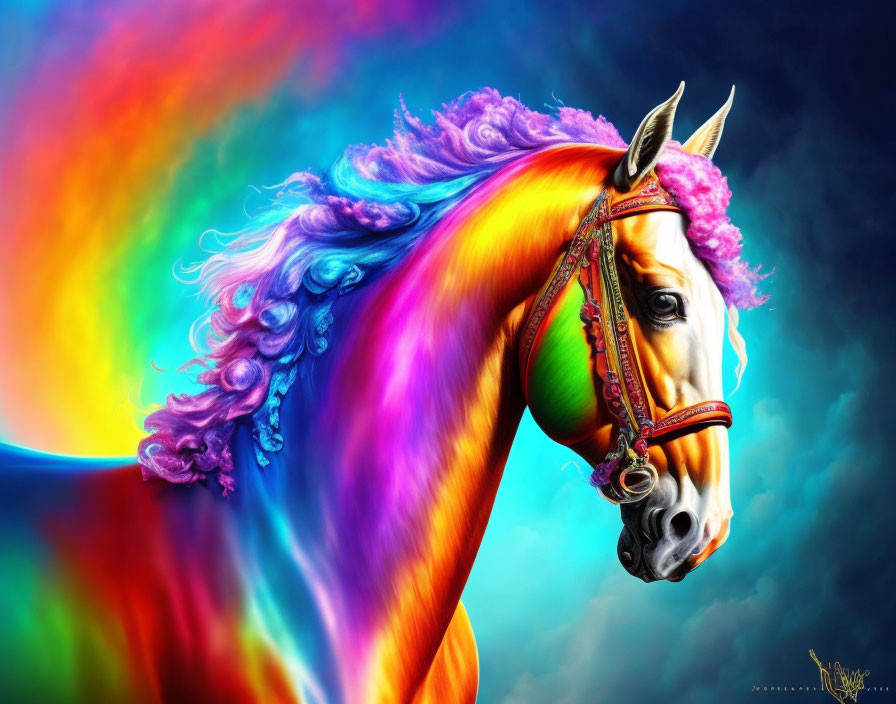 Colorful digital artwork featuring a horse with a rainbow mane