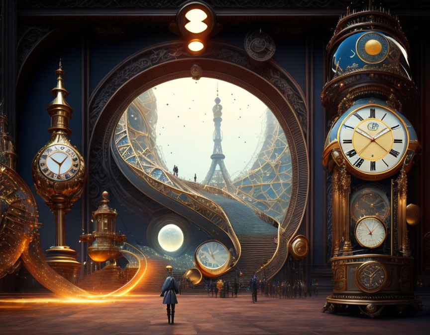 Steampunk-inspired hall with ornate clocks and Eiffel Tower view