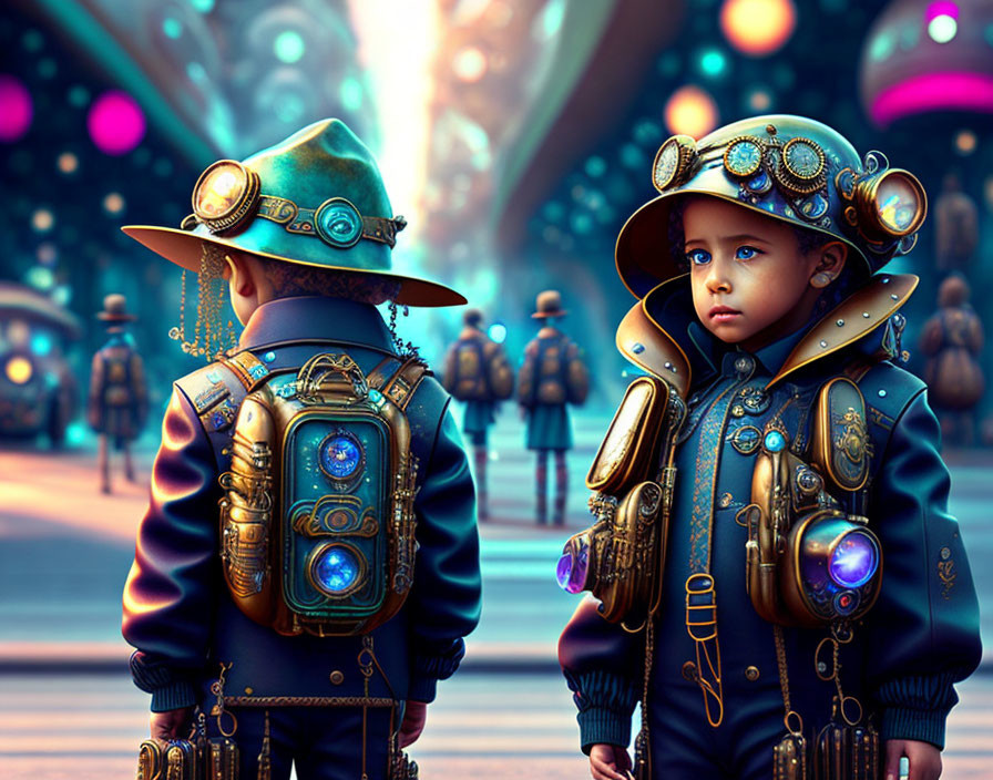 Steampunk-themed children in brass goggles and gear-laden coats in fantastical setting