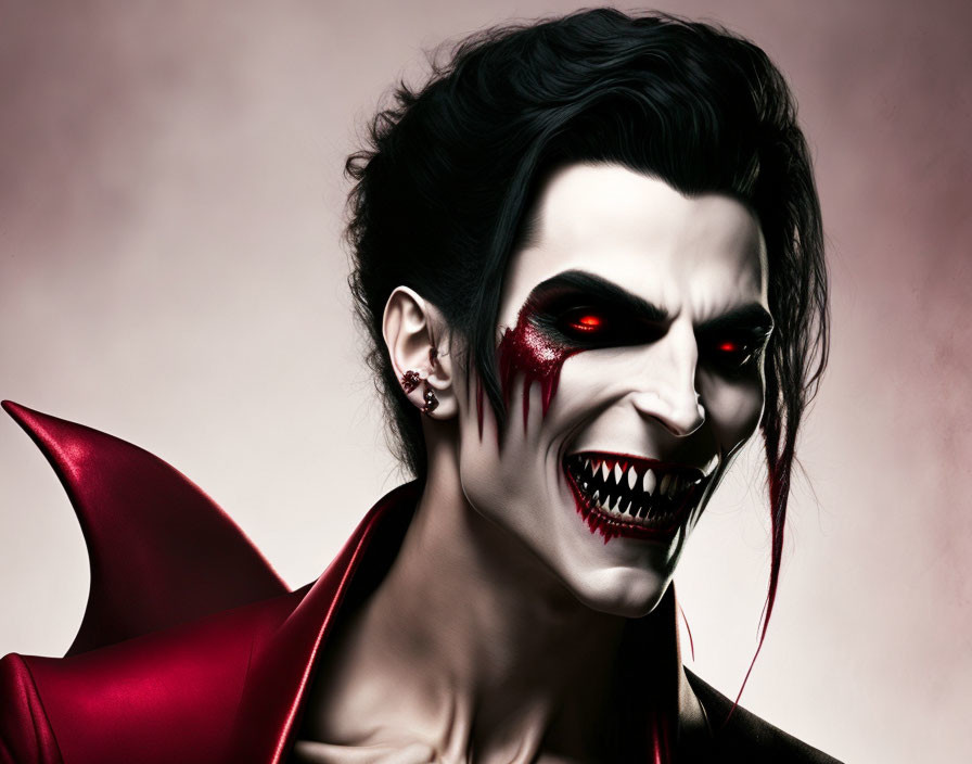 Sinister figure with pale skin, fangs, red eyes, and cape
