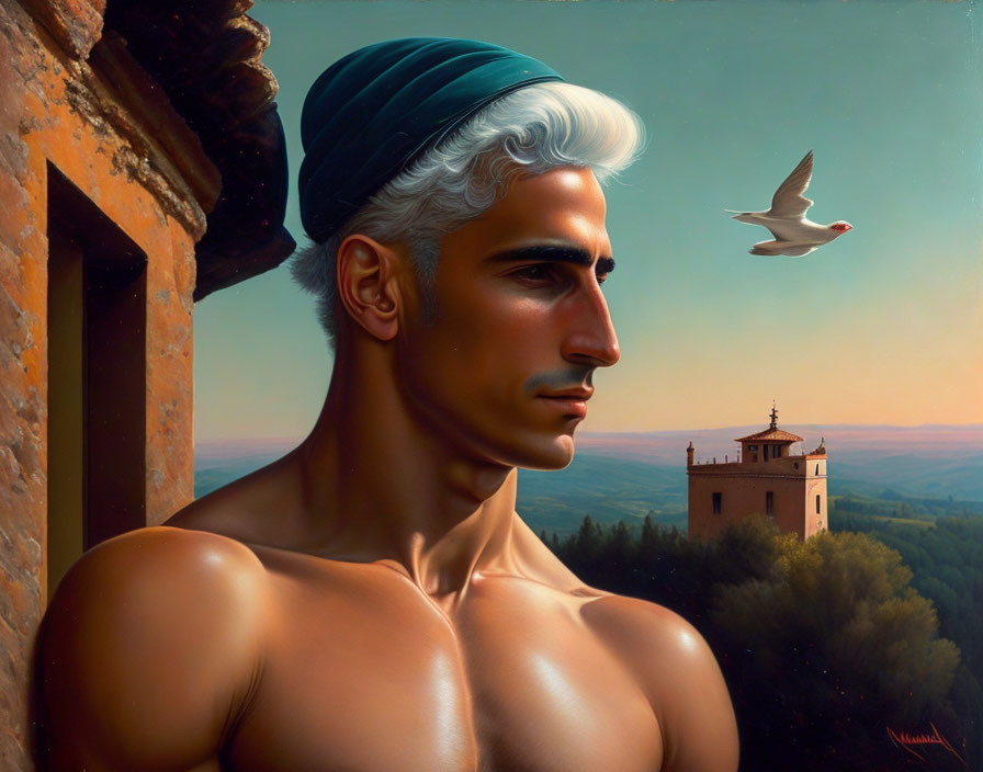 Stylized man with silver hair and teal cap portrait in serene landscape