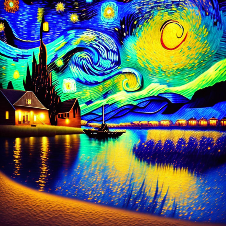 Vivid reinterpretation of swirling night sky and illuminated buildings