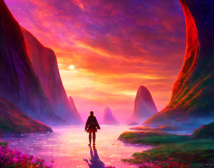 Person in fantastical landscape with towering cliffs, starry sky, glowing moon, and reflective stream