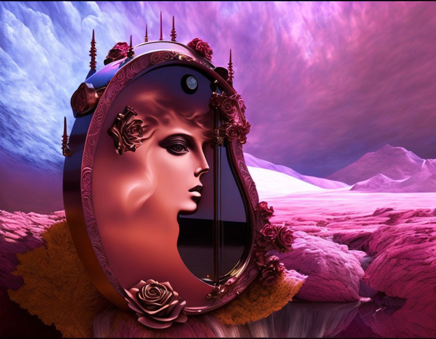 Ornate mirror with woman's profile on vibrant landscape