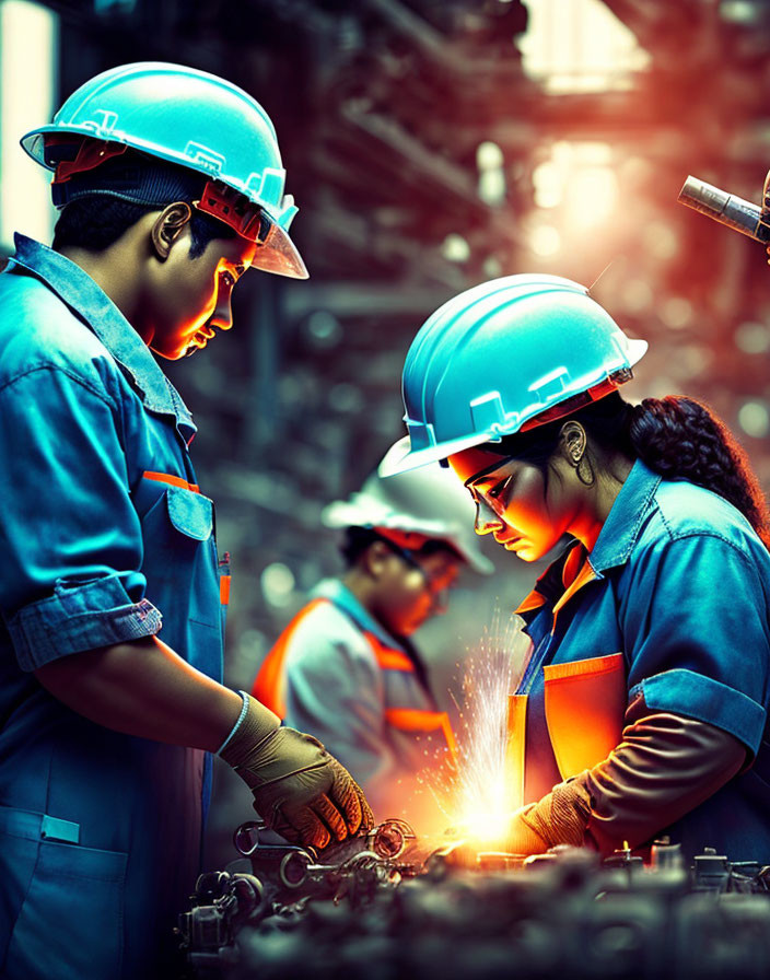Industrial setting with two workers in hard hats focusing on metal work.