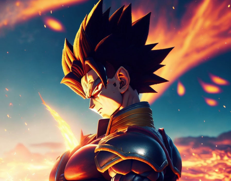 Spiky-haired animated character in armor against fiery battle scene