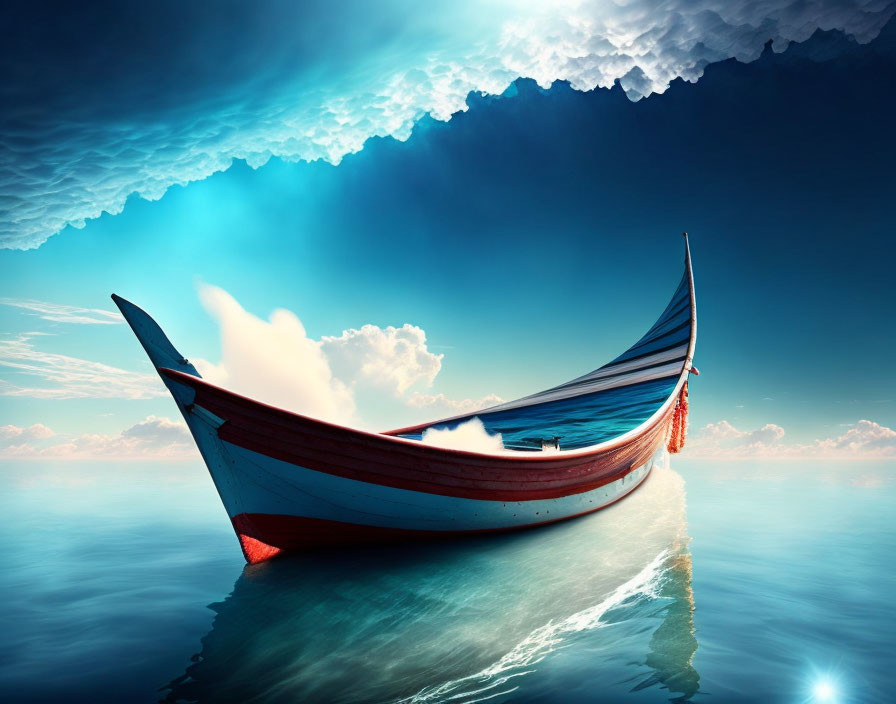 Tranquil red and white boat on calm blue waters under partly cloudy sky