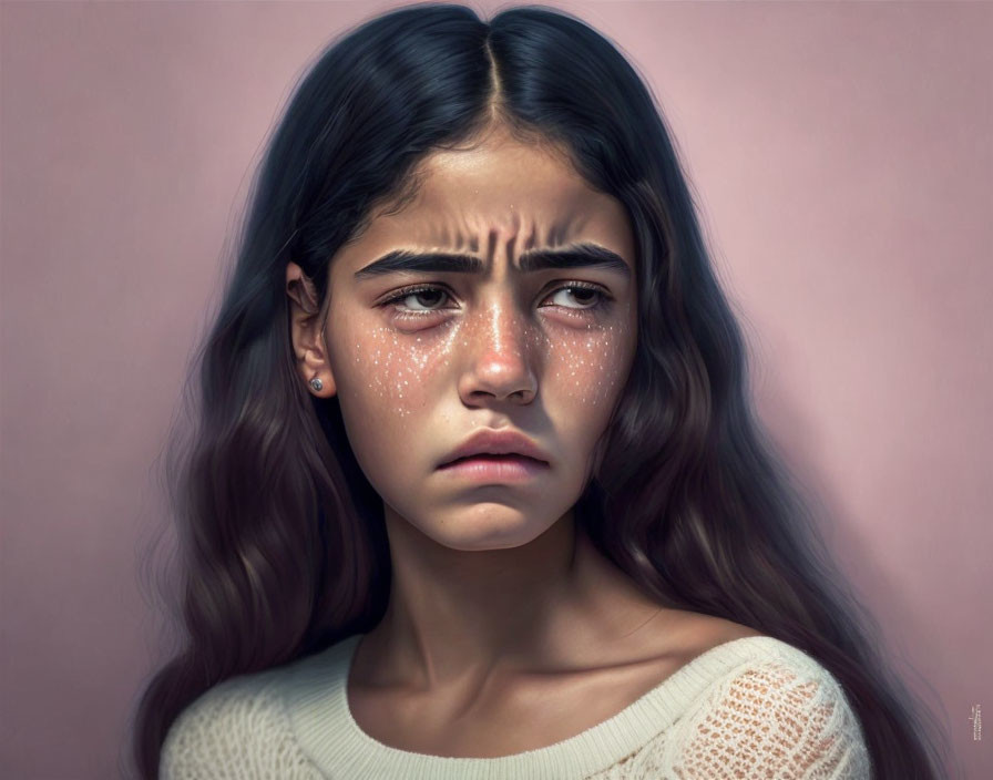 Young girl digital portrait with troubled expression, teary eyes, and freckles on soft pink background