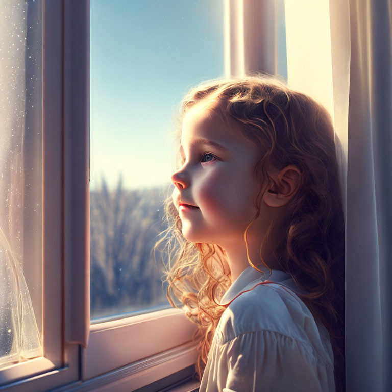 Young child gazing out sunny window with curly hair and thoughtful expression