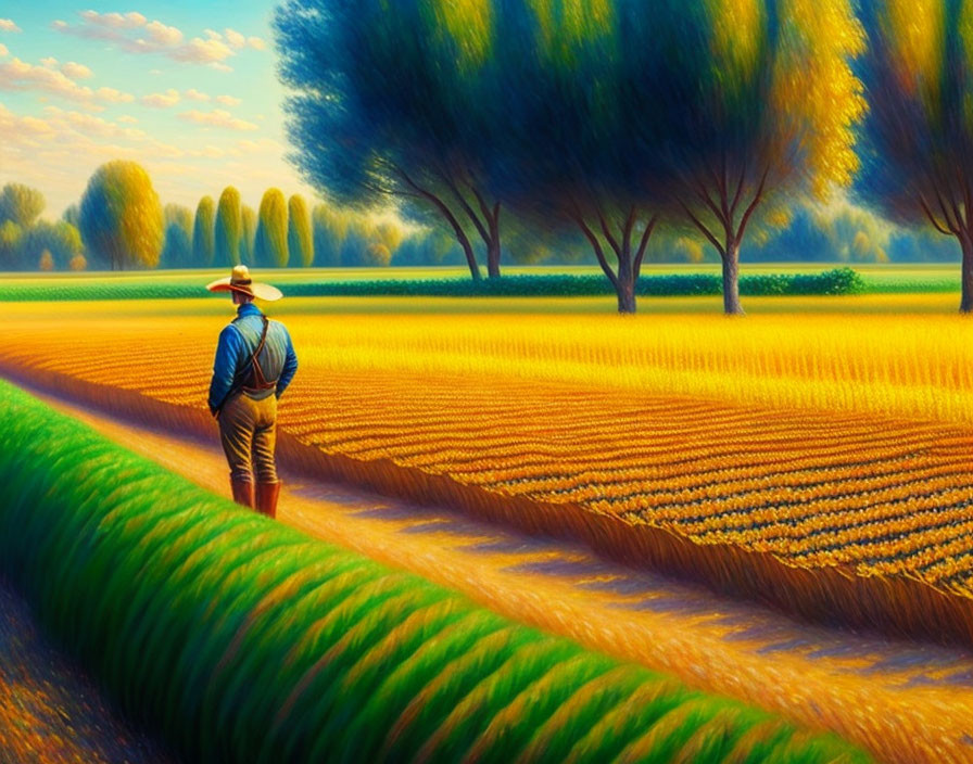 Vibrant sunlit field with aligned crops and colorful trees.