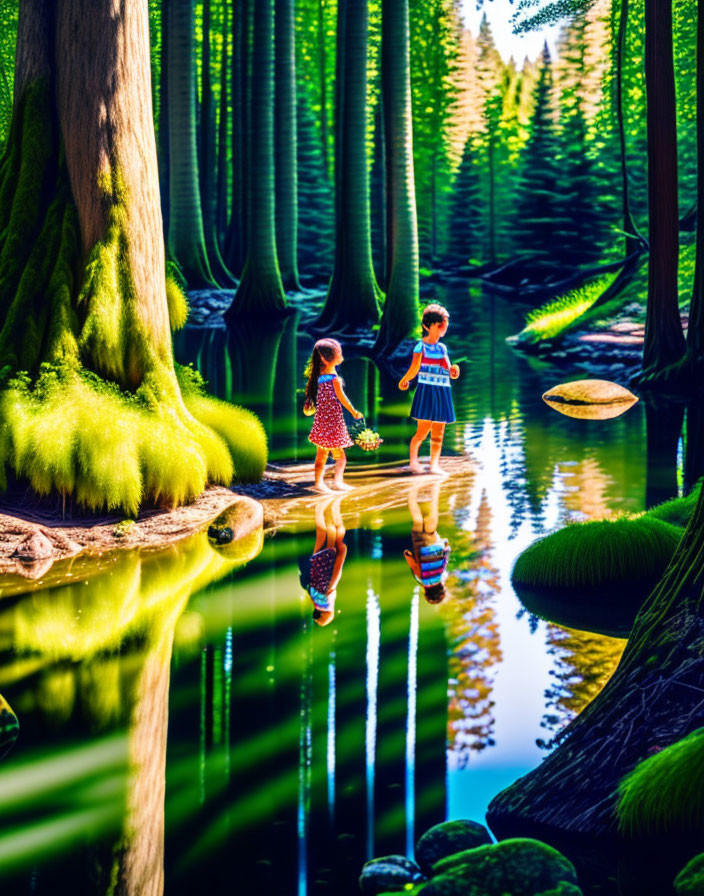Children standing by serene forest pond with vibrant green trees