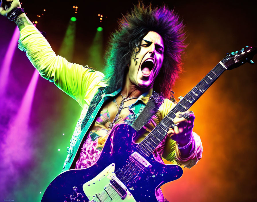 Dynamic performer with wild black hair and colorful stage attire playing electric guitar on stage