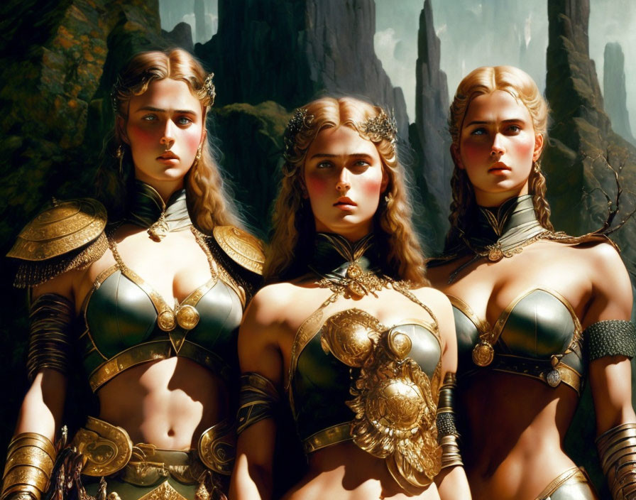 Golden-armored female warriors with braided hair in rocky landscape.