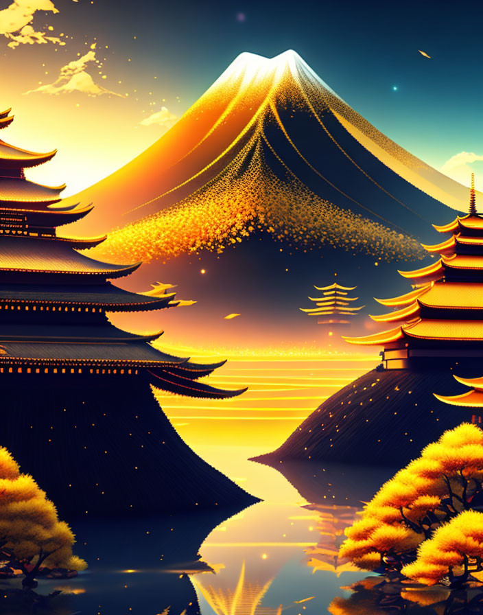 Digital Art: Majestic Mountain, Pagodas, Golden Sky, Autumn Trees