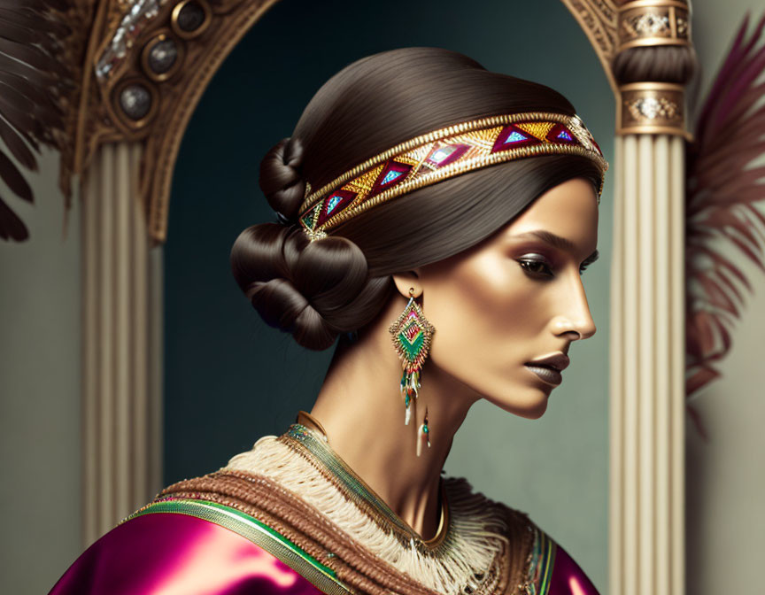 Digital artwork: Woman in traditional attire with beadwork headband and earrings, set against classical backdrop