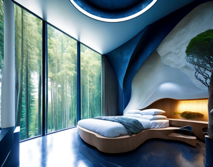 Circular Bed in Modern Bedroom with Panoramic Forest View and Blue Wavy Ceiling