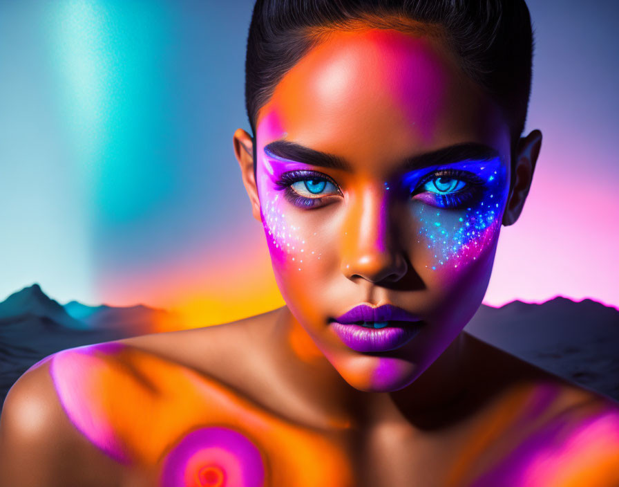 Woman with vibrant neon makeup and body paint in desert landscape