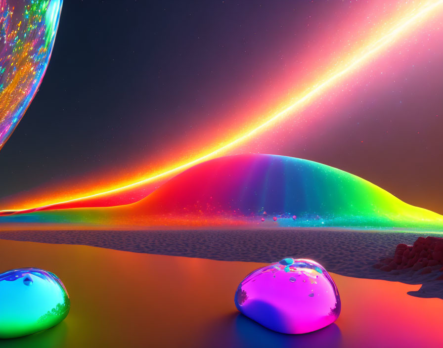 Colorful surreal landscape with rainbow arc, glossy drops, and neon glow