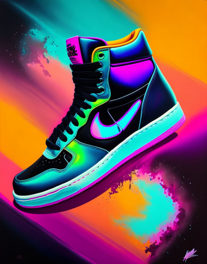 Colorful high-top sneaker digital artwork with neon glow on gradient background