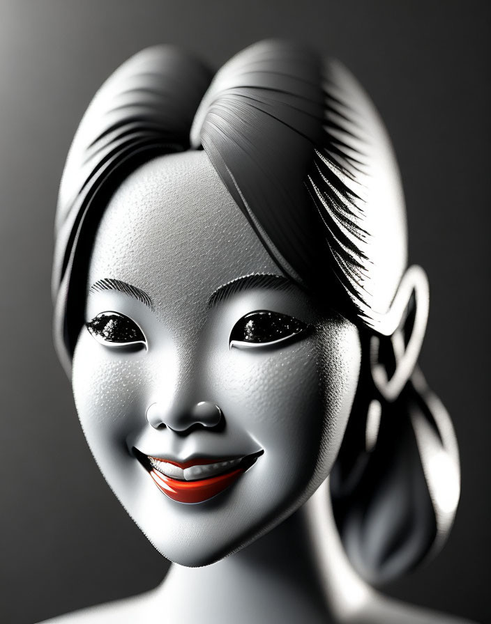 Smiling woman's face 3D rendering with stylized hair and red lips