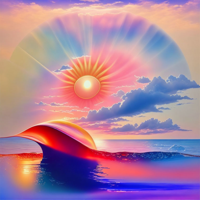 Surreal sunset digital artwork with shell-like wave and radiant sun