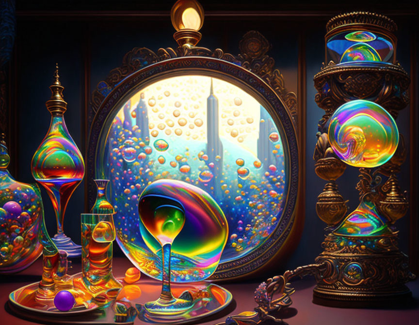 Iridescent Glassware Reflecting Swirling Colors in Dark Oval Mirror