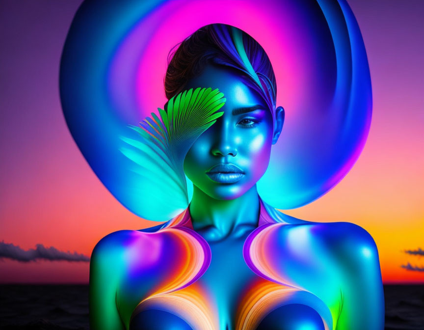 Colorful digital artwork of a woman with neon skin tones against a dusk sky