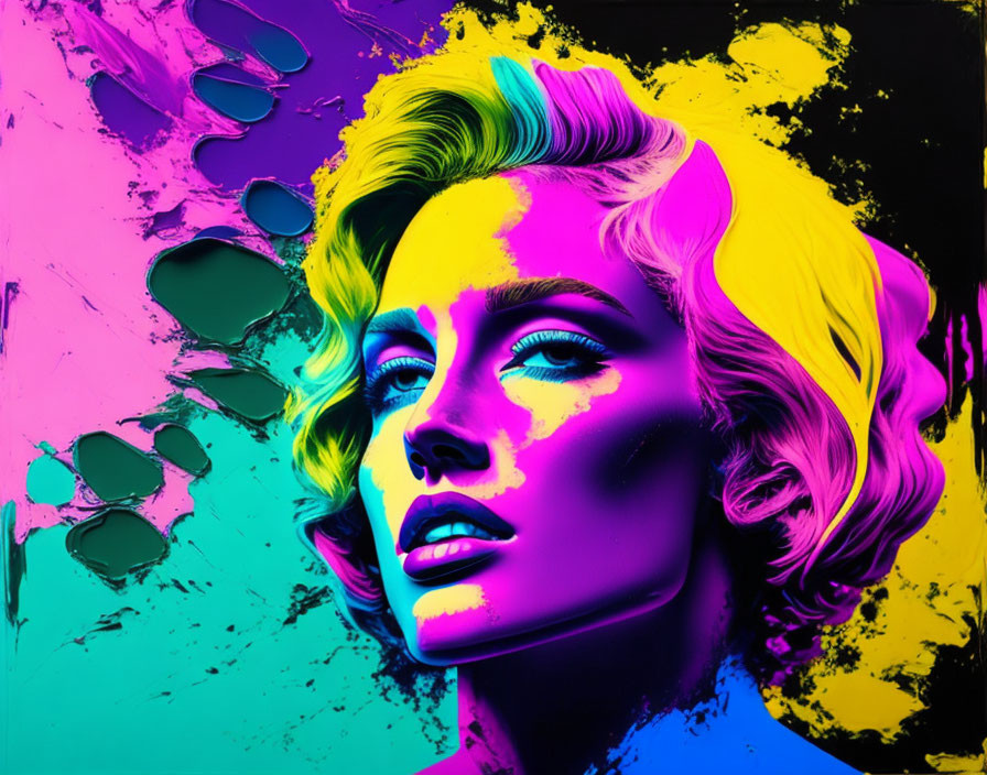 Colorful Portrait of Woman with Neon Lighting on Paint Splattered Background
