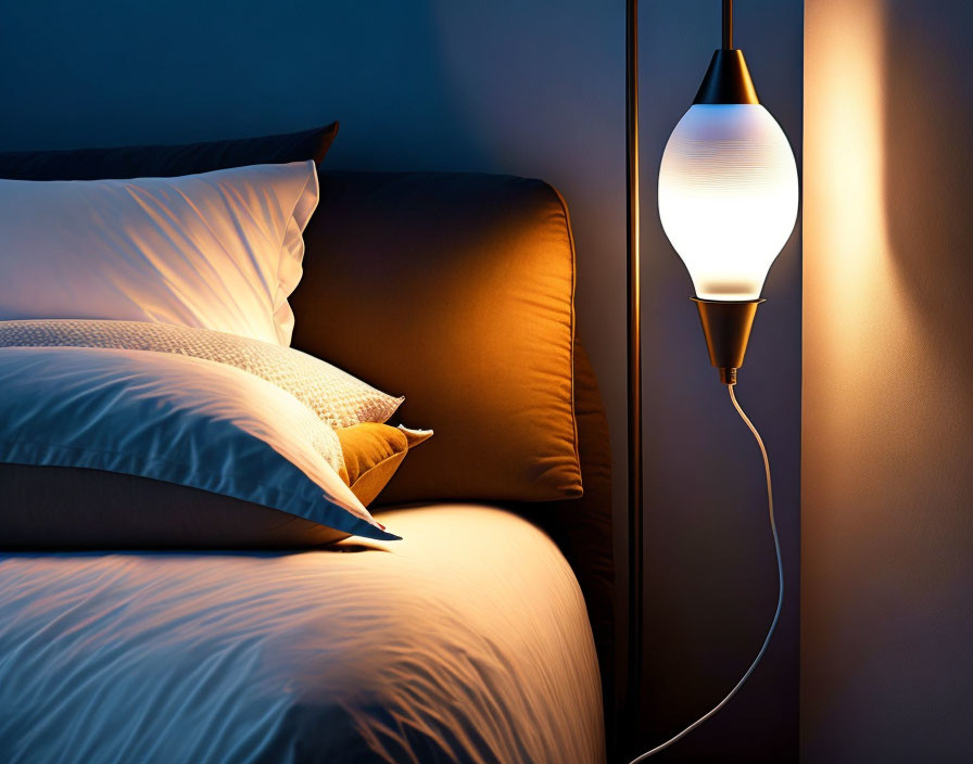 Modern wall-mounted lamp illuminating cozy bedroom with plush bed and soft pillows