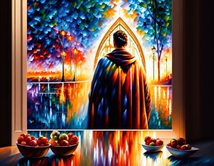 Colorful painting: Person in cloak gazes at sunset over lake with fruit bowls.