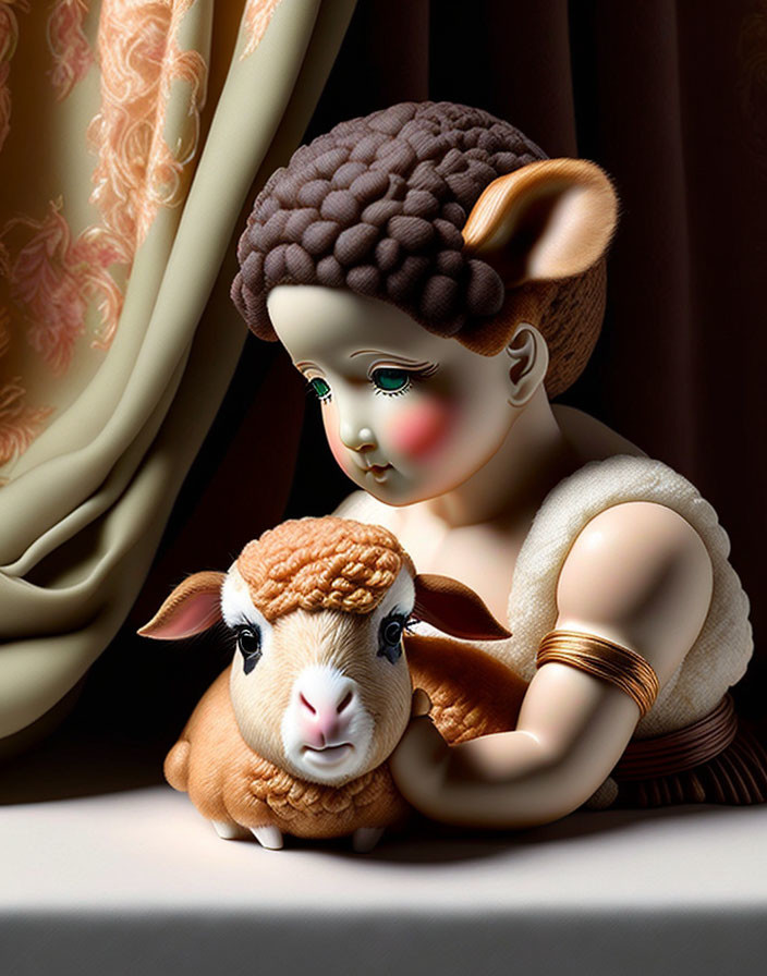 Illustration of child with sheep-like hairstyle cuddling lamb in front of elegant curtains