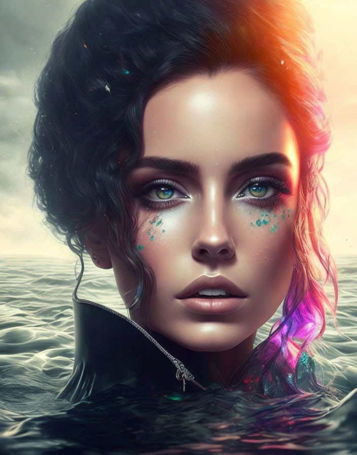Vibrant blue-eyed woman in surreal oceanic setting