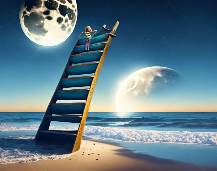 Child Climbing Ladder to Oversized Moon in Night Sky