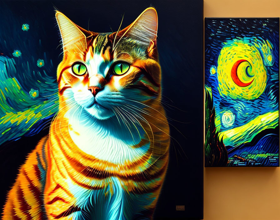 Colorful Cat Artwork with Van Gogh's Starry Night Background