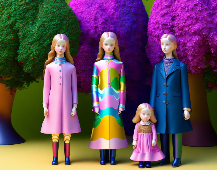 Colorful Coated Female Figures and Child-Like Figure in Vibrant Setting