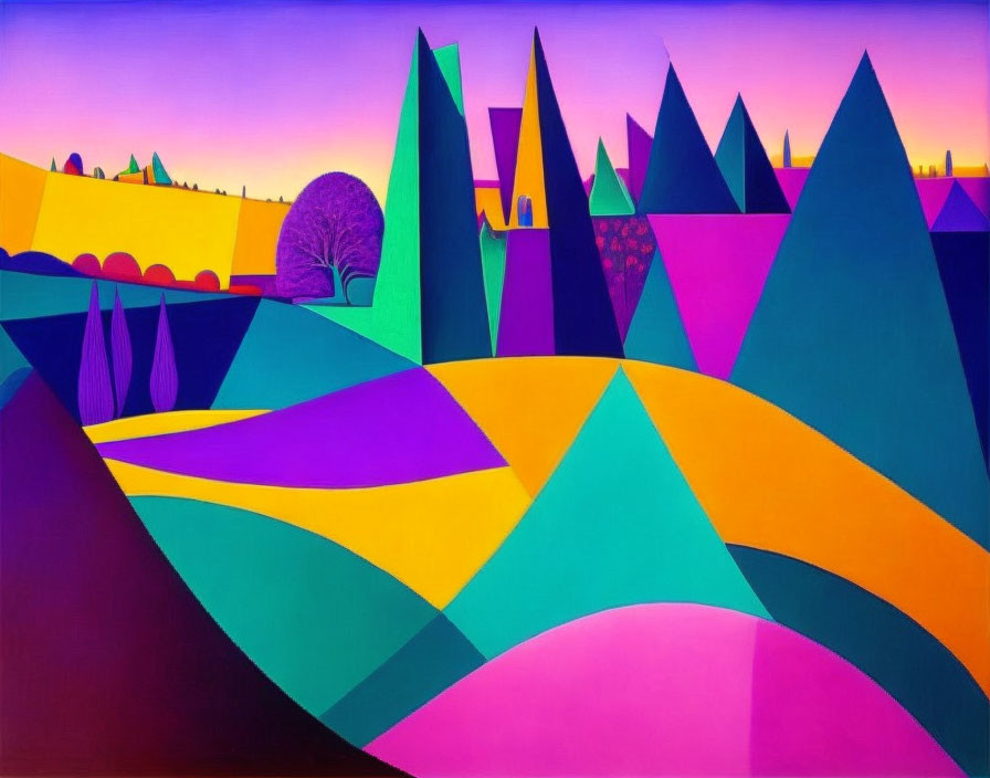 Colorful abstract landscape painting with stylized trees and geometric shapes