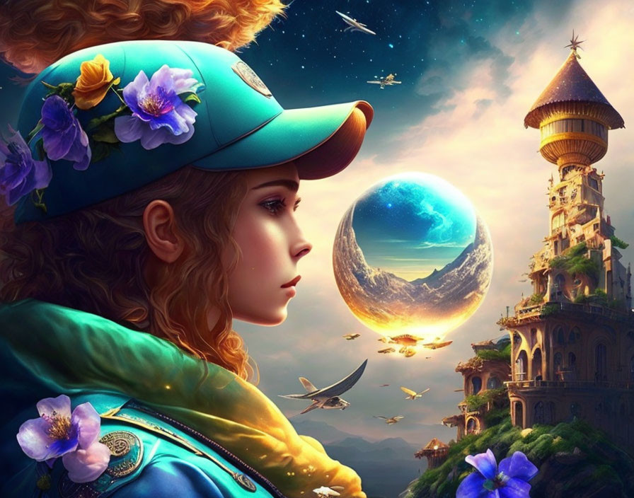 Digital art portrait of a woman with a blue cap and flowers, gazing at a floating castle and