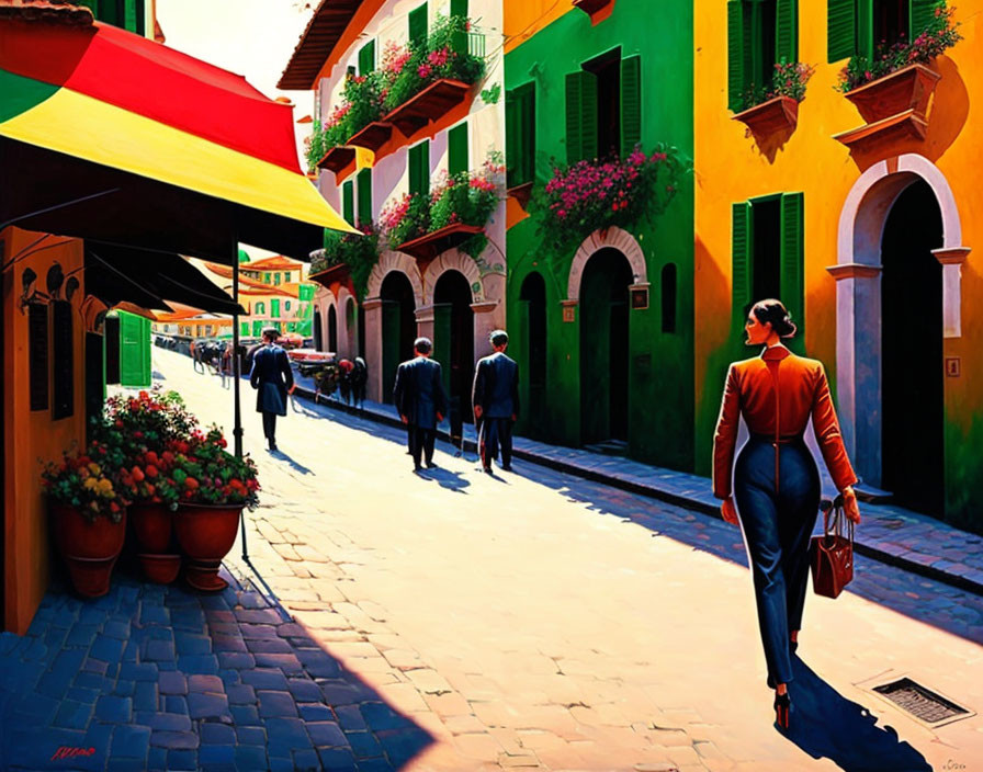 Colorful Buildings and People in a Vibrant Street Scene